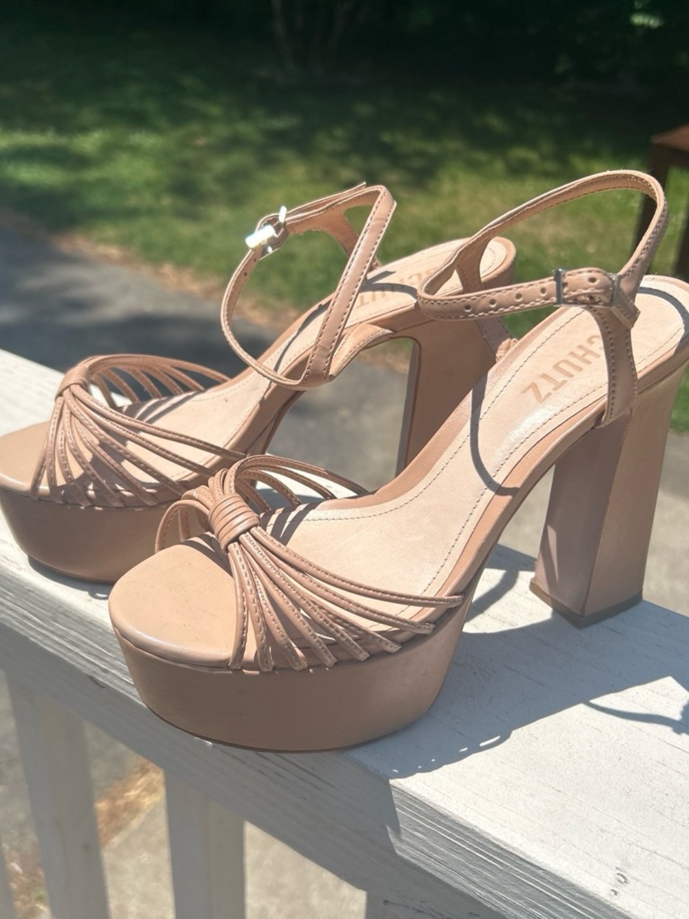 Schutz Salto Alto Nude Tan Platform Block Heel Sandals 7